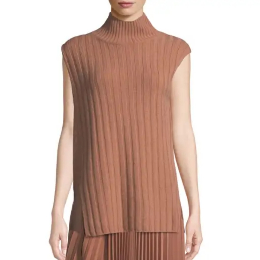 Vince Mixed Rib Wool & Cashmere Sleeveless Turtleneck Sweater Pink Size XS